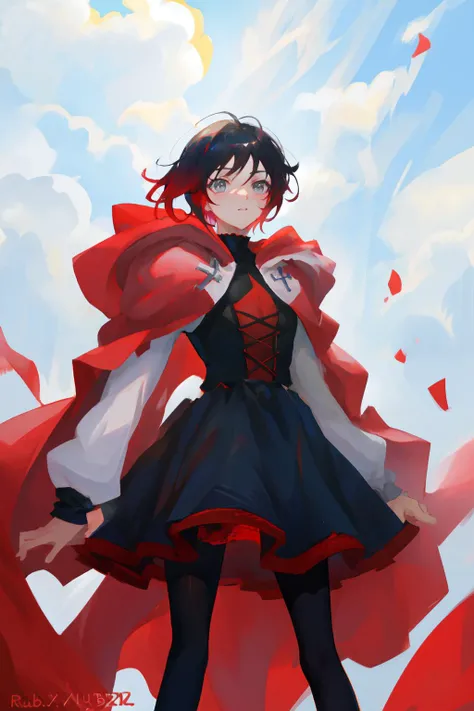 masterpiece, best quality, beautiful, high quality, highres, detailed, 4K, <lora:GoodHands-beta2:1.0>,
 portrait,
 <lora:rubyRoseSeason1RWBY_v10:1> Ruby Rose, silver eyes, grey eyes, gradient hair, black hair, (red hair:0.4), black dress, long sleeves, red cape, pantyhose,