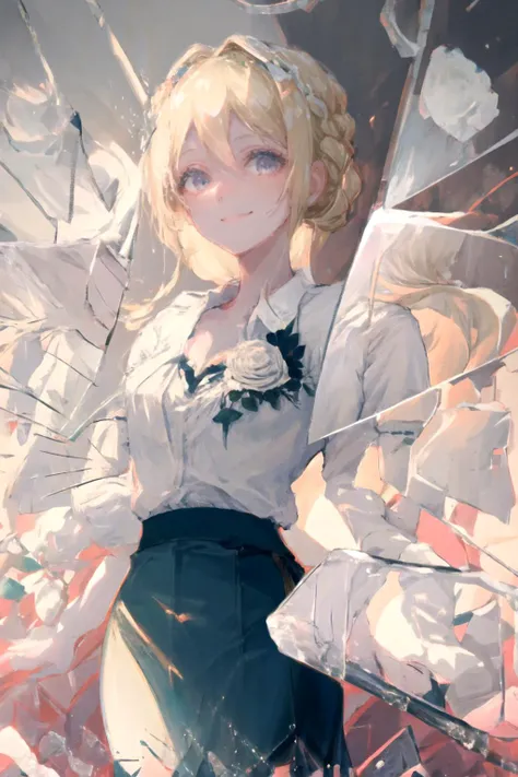 <lora:edgRosaCosettedElise:0.9>, edgCosette, blonde hair, braid, flower, white suuit, pencil skirt, <lora:BrokenGlass:0.9>, IncrsBrknGls, broken glass, reflection, light smile,