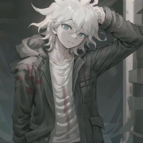 komaeda_nagito,1boy, solo, masterpiece, best quality, Put your left hand on your head, put your right hand in your pocket,bright background<lora:nagito:0.8>