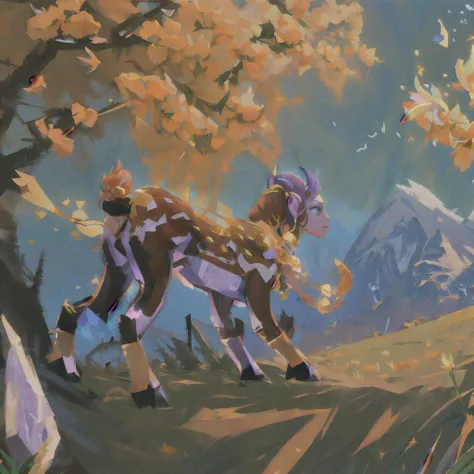 best quality, enchantress, fantasy, full body, (deer centaur), centauroid, taur, (orange fawn body:1.4), (monster girl), wide shot, satyr, running, multiple legs, four-footed, rikimaru, (see-through dress:1.2), detailed eyes, big pointy ears, earrings, horns, dynamic hair, hooves, oboro, shooting star, star trail, flower field, nature, tree, grass, bird, ruins, shadow, dappled sunlight, backlight, depth of field, vibrant colors, <lyco:oboro:0.3>, <lora:enchantress:0.9>, <lora:rikimaru:0.9>