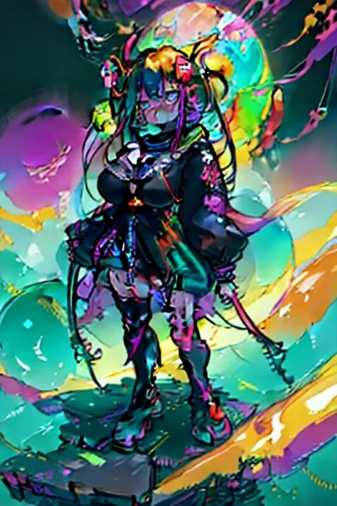 Neon Dreams, (masterpiece, best quality, ultra-detailed, highres, best illustration, perfect anime illustration), (best-quality:0.8), (serene emotionless expression:1.3), (background planets, orbs:1.3), (space, stars, nebulas, black holes, neutron stars, milky way, universe, particles:0.8), (glowing neon hair:1.3), omnipotent goddess, transcendent being, (looking at viewer:1.1), gigantic breasts, large breasts, solo, short, neon rim lighting, neon back lights, neon theme, neon futurism, bloom, shine, (PunkPunkAI colorful:1.2)