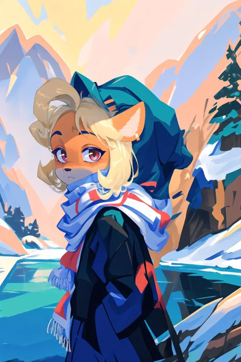 ((coco)), furry, female, blonde hair, masterpiece, beautiful, wearing a winter coat and scarf, outdoor, winter time in a mountain range, snow everywhere, frozen lake, close up, portrait shot