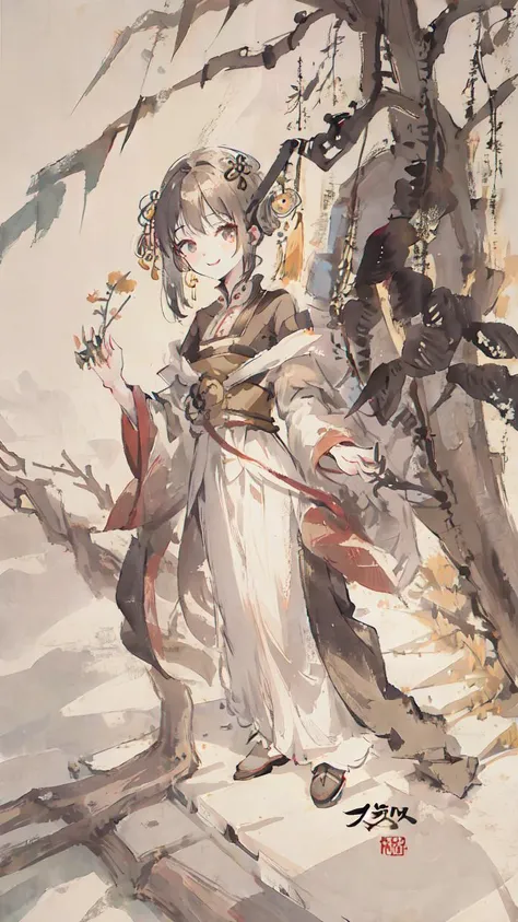 negative space, portrait of a woman standing , willow branches, (masterpiece, best quality:1.2), traditional chinese ink painting, modelshoot style, peaceful, (smile), looking at viewer, (wedding dress:0.8), (mechanical exoskeleton:1),song, willow tree in background, wuchangshuo, <lora:Moxin_Shukezouma11:0.7> <lora:Moxin_10:0.65>