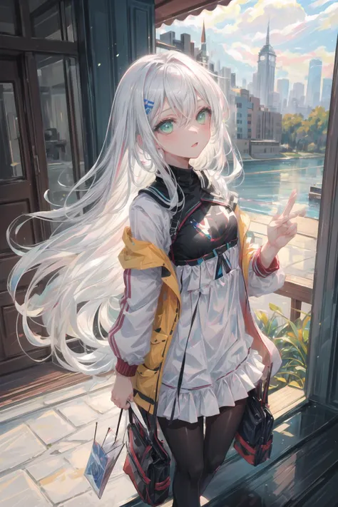 1girl, solo, masterpiece, ultra detailed, <lora:more_details:0.7>, scenery,, white hair, hair between eyes, green eyes, long hair, medium breasts, <lora:pastelMixStylizedAnime_pastelMixLoraVersion:1> mksks