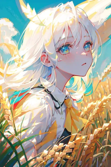 1girl, long hair, white hair, pale skin, medium breasts, short sleeves, short, blue, yellow, green, [red], mountains, trees, wheat, grass, cloud, lake, butterfly, (close-up of the face: 1.18), strong sunlight, god ray