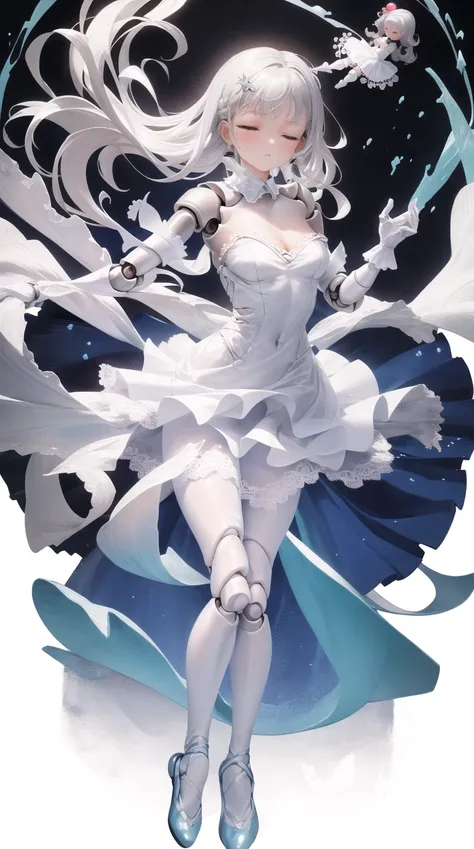 [(white background:1.5)::5], (imid shot:0.95), (full body:1.25), Dynamic angle, [Bottle bottom],(fisheye:1.4),
(falt color:1.3),colorful,(masterpiece:1,2), best quality,extremely detailed cg 8k wallpaper,best quality, masterpiece, highres, original, extremely detailed wallpaper,1girl, looking at viewer,1girl,solo,floating colorful water,ocean, night, floating colorful wind,floating colorful fire,colorful simple background,

(form_back:1.3),looking to the side,full body, dancing,standing on one leg, 

(silver hair:1.4),((half updo:1.4 + wavy hair:0.9)),(joints:1.3),doll_joints,(doll_joints:1.5),doll,closed eyes, sleeping, breath, 

colorful (ballerina,tutu,ballet_dress,ballet slippers:1.2),white_dress,(white_dress,strapless_leotard:1.2),(detached_collar:1.2),(strapless:1.2),(white lace_pantyhose:1.2),(see-through pantyhose:1.2), (skin_tight:1.2),(white lace gloves:1.3),
(white+layered+dress:1.2),detached_sleeves, see-through,cleavage_cutout,bare_shoulders,(white_frilled_skirt:1.1), (white_frilled_dress:1.1),(lace_trim:1.1),