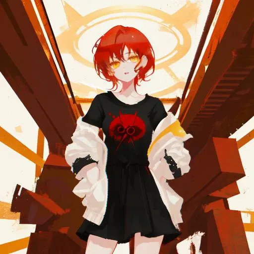 girl with short red hair, looking at viewer, 1girl, red hair, yellow eyes,