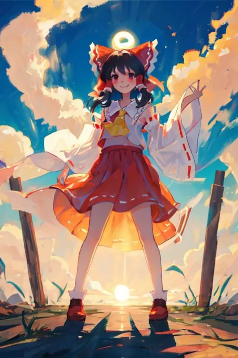 1girl, reimu hakurei, standing, sun rays, smiling, light, ((bad anatomy))