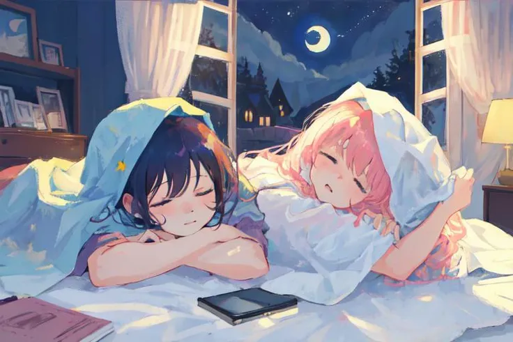 (2girls), (detailed face), lying, blanket, sleeping, night, moon, closed eyes, stars, window, bed, close-up