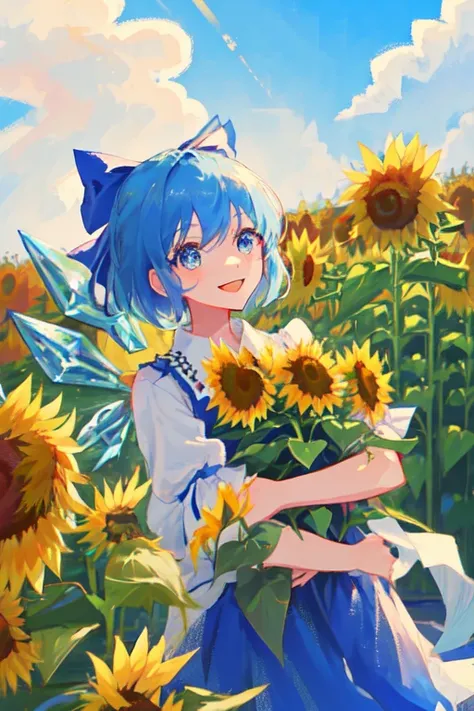 1girl, Cirno, Touhou project, (sunflowers), smiling, focus face, close-up, blue eyes, field, day, blue sky, sun rays, blue hair, blue dress, blue bow, short hair , ice wings