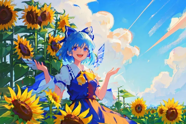 1girl, solo, Cirno, Touhou project, (sunflowers), smiling, focus face, close-up, blue eyes,  field, day, blue sky, sun rays, blue hair, blue dress, blue bow, short hair , ice wings, laughing, hands up