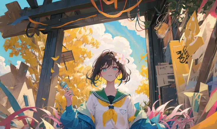 masterpiece, hyper detail, sidelighting, (((intricate_details))), bearutiful detailed, colourful, highres, 1girl, very_wide_shot, dark hair, eyes, detailed beautiful eyes, earings, ((c-curl hair)), small dust, ((breeze)), wind, summer, flower on the branch, summer school uniform, (blurry background), sunlight, cleavage, highschool, highschool student,