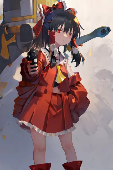 best quality, masterpiece, illustration, reimu hakurei, red dress, yellow neckerchief, ribbon, (gun:1.5), aiming at viewer, mksks pose, gun, holding_gun