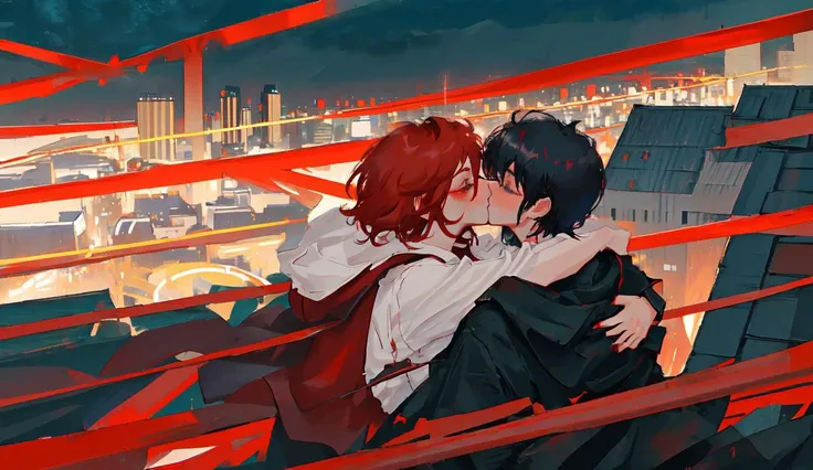 (short girl with short red hair) ((hugging ))a (high boy with long black bang), (((kiss))), (night city background, (night time), rooftop, city lights), top down, view from above, upper body,  close up, wide shot