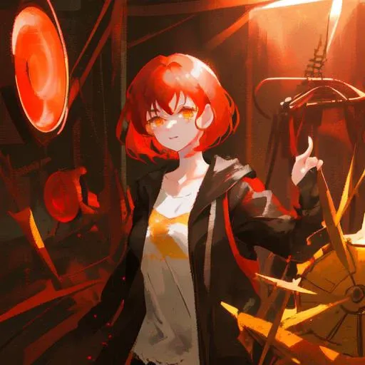 girl with short red hair, looking at viewer, 1girl, red hair, yellow eyes, masterpiece, best quality