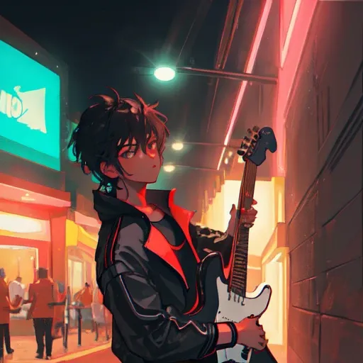 (boy) witg long black bang playing instrument, playing guitar, electic guitar, night club, neon lighting