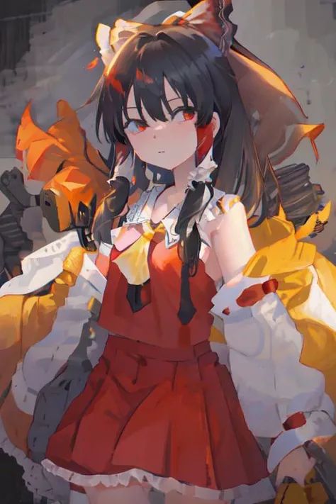 best quality, masterpiece, illustration, reimu hakurei, red dress, yellow neckerchief, ribbon, (gun:1.5), aiming at viewer, mkskspose pose, gun, holding gun