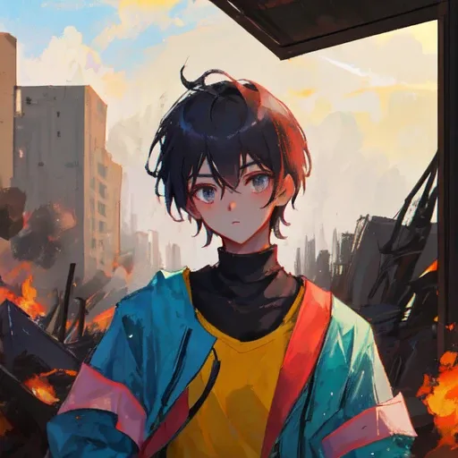 (boy) witg long black bang shooting a gun, firing a gun, destroyed city, ruins, 1boy, close up, looking at viewer, upper body,