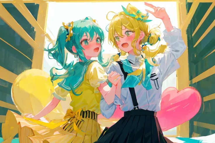 2girls, dancing, idol, dancing clothes, skirt, yellow, teal, embarrassed, blush