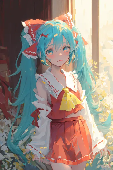 best quality, masterpiece, illustration, hatsune miku, twintails, blue hair, reimu hakurei \(cosplay\), red dress, yellow neckerchief, ribbon,