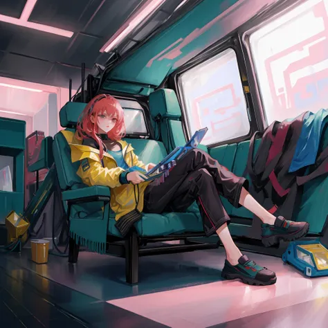 a painting of a woman sitting on a couch, cyberpunk art by Pu Hua, cgsociety, neogeo, anime aesthetic, anime, dystopian art, high resolution, 8k