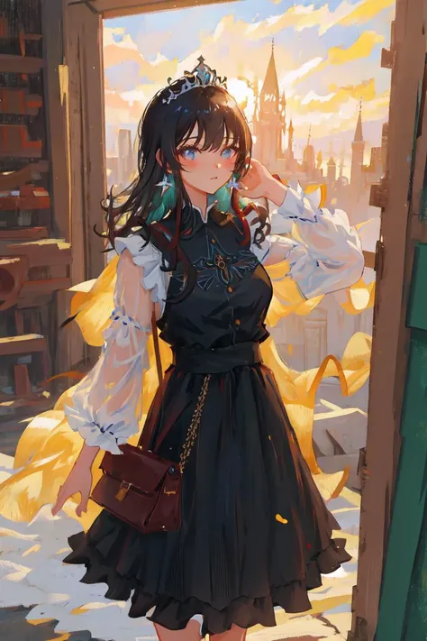 mksks style, masterpiece, best quality, CG, HDR, high quality, high-definition, extremely detailed, close-up, cowboy shot, 1girl, standing, mature female, earring, princess, gown, tiara, black hair, long hair, blunt bangs, medium breasts, looking at viewer, outdoors, (fortress, castle), scenery, starry sky, night,