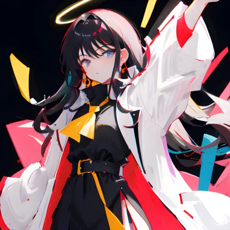 (abstract colourful+black background), (full body: 1.25), best quality, extremely detailed background, masterpiece, girl, square hair cut, purple+black hair, red mask on head, black choker, black skin-tight longsleeve, (white shoulder cape: 0.5), gold elements, black sleeves and gloves, big breasts, gold emblem on breasts, purple and red belt, elegant pose