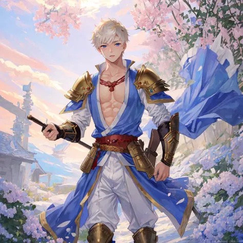 best quality,masterpiece, illustration,high resolution,ultra-detailed,(full view),(((character(((1boy)))))),beautiful clevage body, smile,eyes(glowing), beautiful blue eyes,pale blonde shiny hair at eyebrow level,blue loose backless dress with gold chest armor and belt strap,throne room,trending on CGSociety,trending on artstation, art by (Ryoji Ohara:1.2) and (Akihiko Yoshida:1.2),(nsfw,bulge:1.3), medieval armor,dimly lit, puffy pink nipples