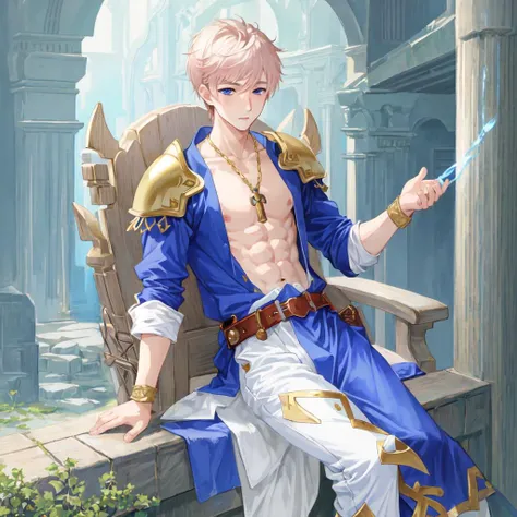 best quality,masterpiece, illustration,high resolution,ultra-detailed,(full view),(((character(((1boy)))))),beautiful clevage body, smile,eyes(glowing), beautiful blue eyes,pale blonde shiny hair at eyebrow level,blue loose backless dress with gold chest armor and belt strap,throne room,trending on CGSociety,trending on artstation, art by (Ryoji Ohara:1.2) and (Akihiko Yoshida:1.2),(nsfw,bulge:1.3), medieval armor,dimly lit, puffy pink nipples