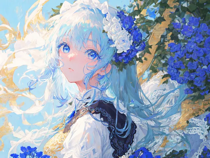 masterpiece, best quality, ultra-detailed, illustration, close-up, straight on, face focus, 1girl,Long lightblue hair,one small golden flower ornaments, blue eyes, serene expression, white shirt, looking at viewer, lace legwear,