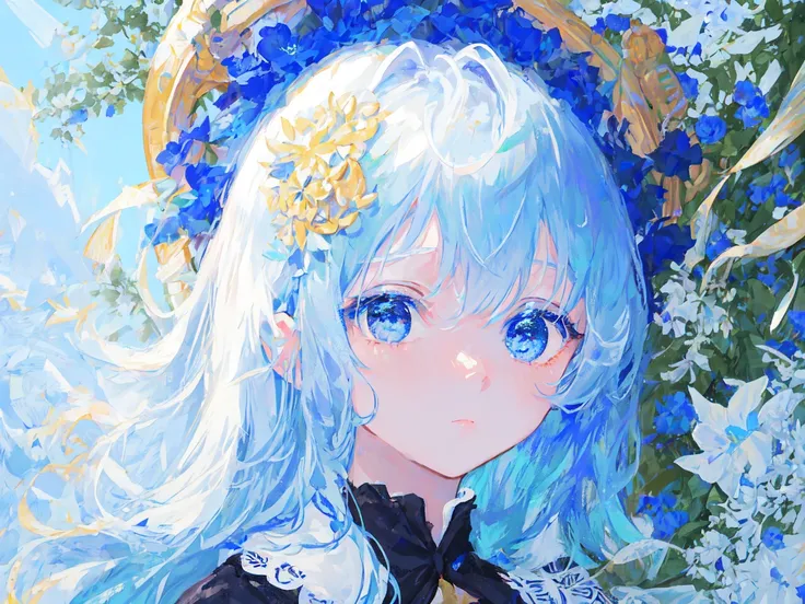 masterpiece, best quality, ultra-detailed, illustration, close-up, straight on, face focus, 1girl,Long lightblue hair,one small golden flower ornaments, blue eyes, cold face and white shirt, looking at viewer