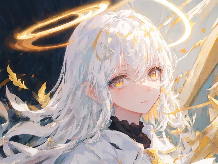 masterpiece, best quality, ultra-detailed, illustration, close-up, straight on, face focus, 1girl, white hair, golden eyes, long hair, halo, angel wings, serene expression, looking at viewer