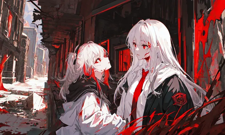 colorful,best quality,small details,high resolution,illustration,rule of thirds,(girl),shiny,fine-tuning face,fuzzy long hair,red eyes,perfect composition,white jacket and black shirt,spot lighting,blood,flos,vampire,(very high and huge, and splendid ruin) background