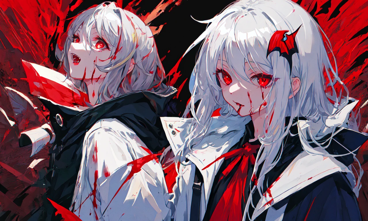colorful,best quality,small details,high resolution,illustration,rule of thirds,(girl),shiny,fine-tuning face,fuzzy long hair,red eyes,perfect composition,white jacket and lack shirt,spot lighting,blood,flos,vampire