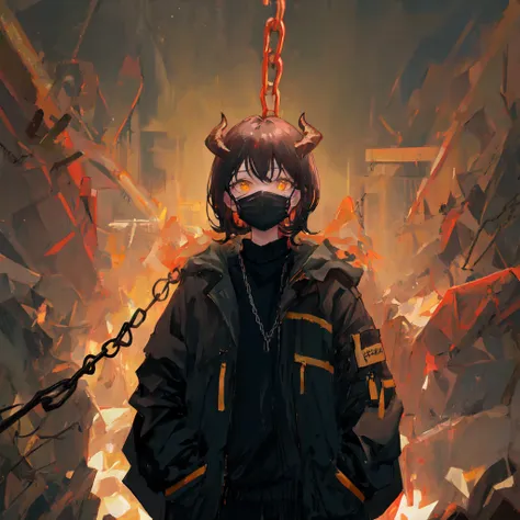 mksks style, masterpiece, best quality, ultra-detailed, 8k, illustration, soul, 1girl, portrait, (black hair), yellow eyes,  demon horns, (black coat), sweater, hair over face, hands in pockets, straight-on, looking at viewer, inside, dimly lit, mouth mask, chains, solo, abstract background,