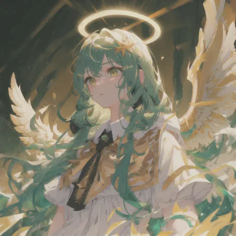 masterpiece, best quality, ultra-detail, illustration, close-up, straight shot, focus on face, 1 girl, green hair, golden eyes, long hair, halo, angel wings, haughty expression, looking into the distance