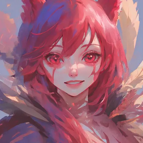 ((face of xayah)),  league of legends,  red hair, ((close-up, close up)),  facial marks, face tattoos, feathers, animal ears,  smiling, vibrant, watercolor, pastel<lora:xayah:1>