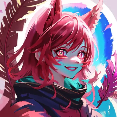 face of xayah,  league of legends, ((bright vibrant glowing  pupils)), red hair, close-up, close up,  facial marks, face tattoos, feathers, animal ears, furry ears, smiling, vibrant, watercolor, pastel<lora:xayah:1>