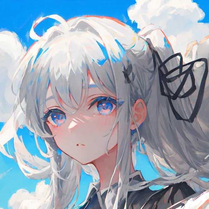 masterpiece, best quality, ultra-detailed, illustration, close-up, straight on, face focus,1girl,a background composed of flowers,grey hair,blue sky,cloud-sky,girl with beatuifull eyes, cold face,black dress,looking at viewer