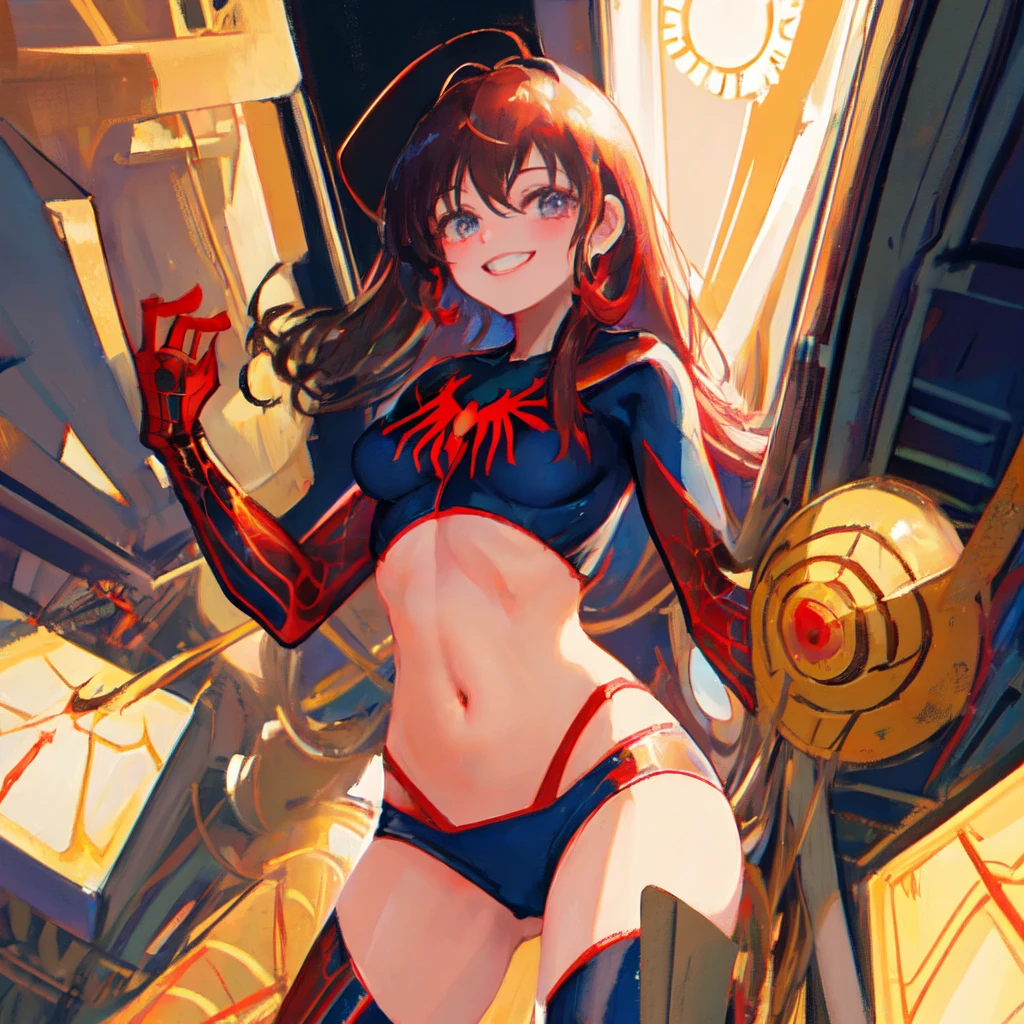 masterpiece, best quality, ultra-detailed, illustration, 1girl, spiderwoman superhero, cute, smiling, stripping, striptease,  on spaceship, bare breasts, midriff