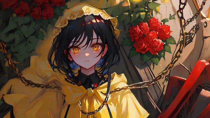 masterpiece, best quality, ultra-detailed, illustration, close-up, straight on, 1girl, black hair, yellow eyes, red roses, chains