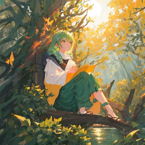 ((1girl,solo)),masterpiece, best quality, portrai,tultra-detail, illustration, close-up,straight shot,((focus on face)),green hair,long hair,looking into the distance,forest,sun,wind,butterfly,studio lighting,yokozuwari,tree,lake,sitting,