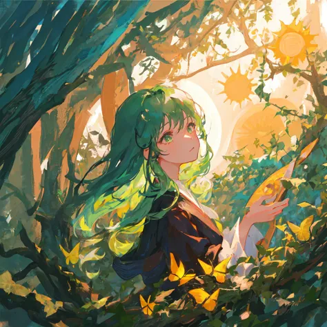 ((1girl,solo)),masterpiece, best quality, portrai,tultra-detail, illustration, close-up,straight shot,((focus on face)),green hair,long hair,looking into the distance,forest,sun,wind,butterfly,studio lighting,yokozuwari,tree