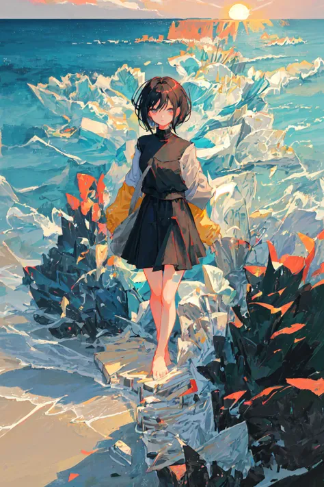VISUAL novel, GIRL, SHORT HAIR, black hair, morning, island, beach