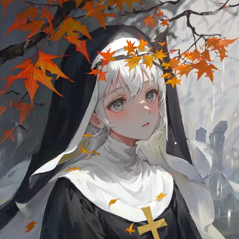 ((1girl,solo)),masterpiece, best quality, portrai,tultra-detail, illustration, close-up,straight shot,((focus on face)),white hair,long hair,grey eyes,((nun)),black clothes,cross,rain,blurry background,maple leaf,maple tree,holy cross