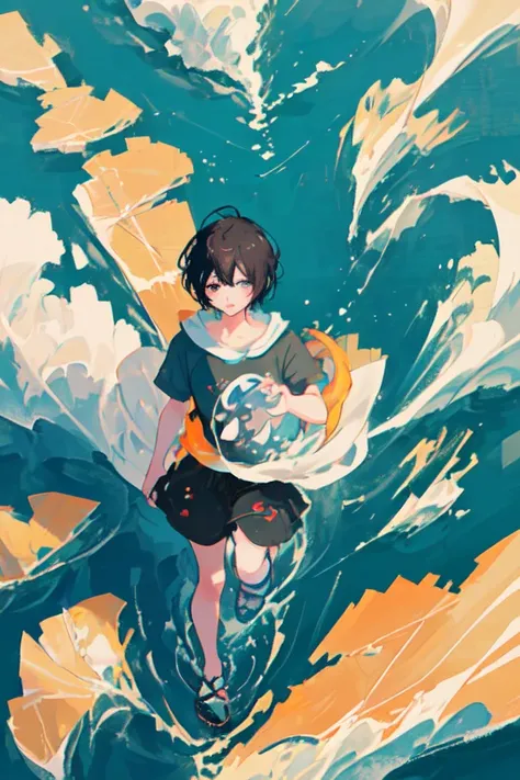 VISUAL novel,run,above,in the sea,typhoon, tsunami,SHORT HAIR, black hair, front,morning,big fish