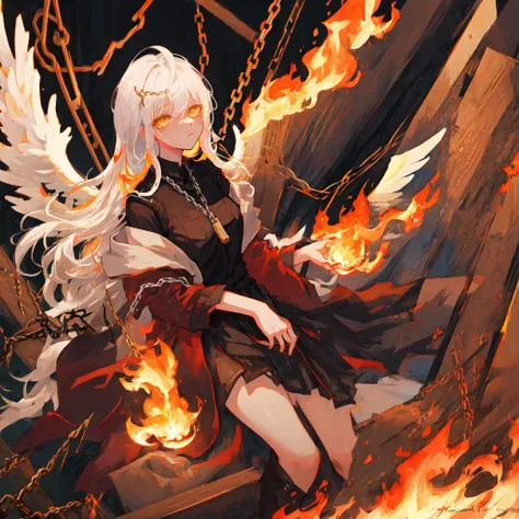 masterpiece, best quality, ultra-detailed, illustration, close-up, straight on, 1girl, white hair, yellow eyes, angel, chains,masterpiece,fancy background,fire,rainstorm