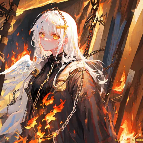 masterpiece, best quality, ultra-detailed, illustration, close-up, straight on, 1girl, white hair, yellow eyes, angel, chains,masterpiece,fancy background,fire,rainstorm