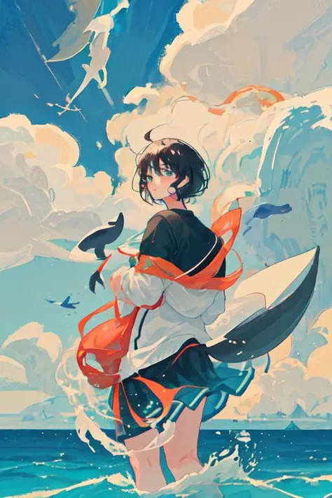 VISUAL novel,run,above,big whale,jump,island, sea,typhoon, tsunami,SHORT HAIR, black hair, front,morning,