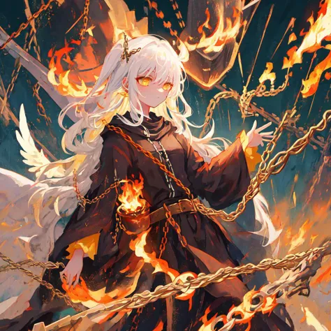 masterpiece, best quality, ultra-detailed, illustration, close-up, straight on, 1girl, white hair, yellow eyes, angel, chains,masterpiece,fancy background,fire,rainstorm